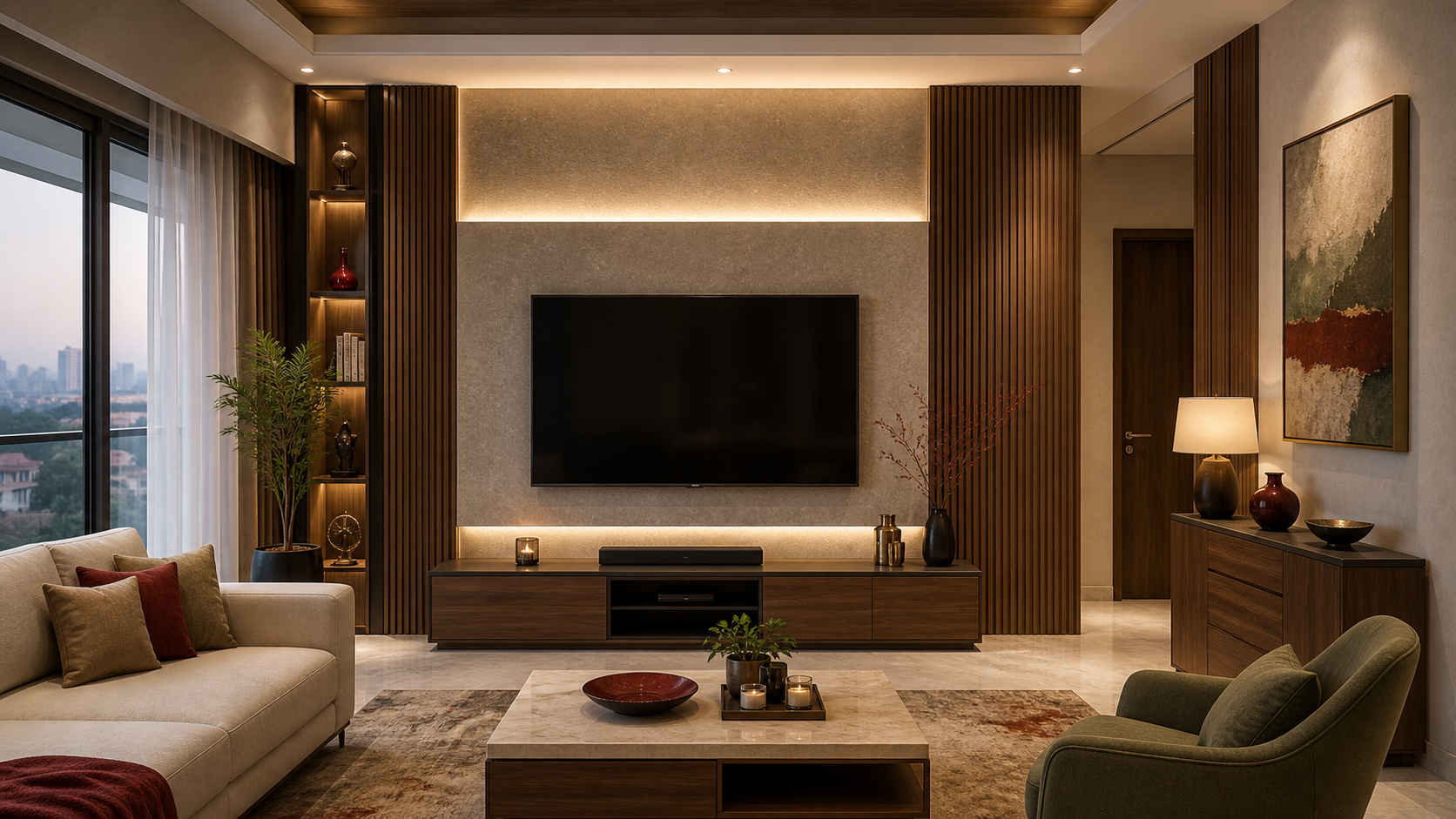 Premium living room interior with custom TV unit, walnut wall panels and warm lighting